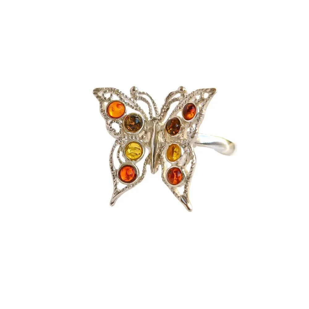 Baltic Amber Colorful Butterfly Ring in 925 Sterling Silver